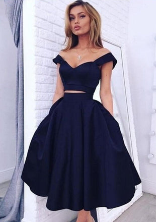 Sexy Two Pieces Off Shoulder Navy Blue Homecoming Prom Dresses, Affordable Short Party Prom Sweet 16 Dresses, Perfect Homecoming Cocktail Dresses, CM358
