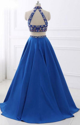 Sexy Two Pieces Rhinestone Open Back Blue Long Evening Prom Dresses, 17656