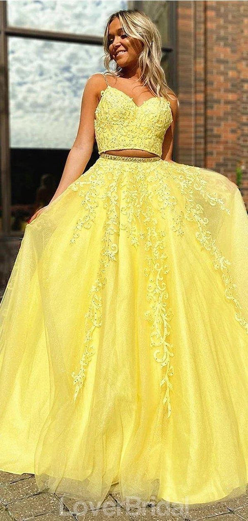 Sexy Two Pieces Yellow Lace Evening Prom Dresses, Evening Party Prom Dresses, 12142