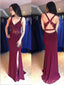 Sexy V Neck Mermaid Maroon Open Back Long Evening Prom Dresses, Cheap Sweet 16 Dresses, 18419