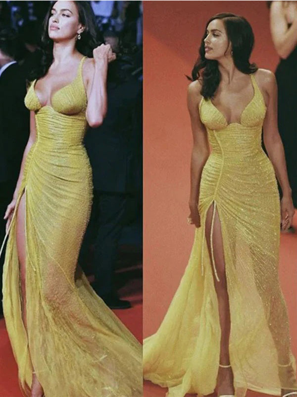 Sexy Yellow Mermaid Spaghetti Straps High Slit Maxi Long Prom Dresses,13069