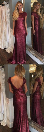 Short Sleeve Dark Red Sequin Long Bridesmaid Dresses, Cheap Unique Custom Long Bridesmaid Dresses, Affordable Bridesmaid Gowns, BD106