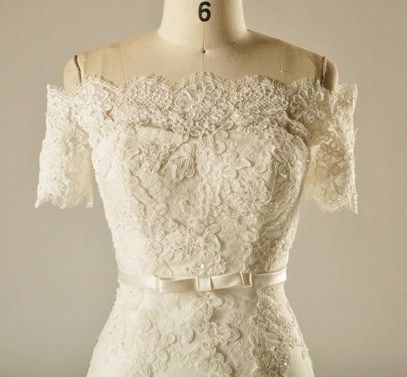 Short Sleeve Empire Waist Lace Beaded Wedding Dresses, Custom Made Wedding Dresses, Cheap Wedding Bridal Gowns, WD227