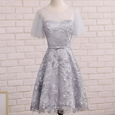 Short Sleeve Gray Lace Cute Homecoming Prom Dresses, Affordable Short Party Prom Sweet 16 Dresses, Perfect Homecoming Cocktail Dresses, CM338