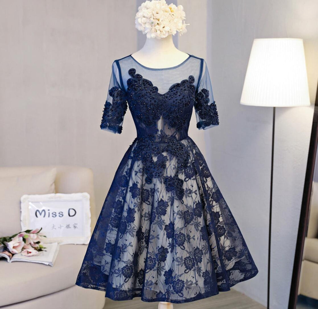 Short Sleeve Navy Lace Open Back Homecoming Prom Dresses, Affordable Short Party Prom Dresses, Perfect Homecoming Dresses, CM298