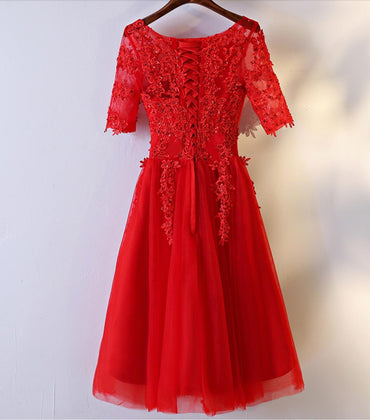 Short Sleeve Red Lace Round Neckline Short Homecoming Prom Dresses, Affordable Corset Back Short Party Prom Dresses, Perfect Homecoming Dresses, CM248