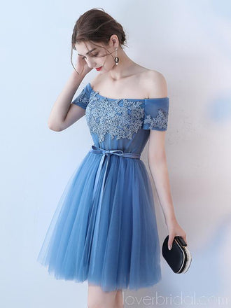 Short Sleeves Off Shoulder Blue Lace Cheap Homecoming Dresses Online, Cheap Short Prom Dresses, CM781