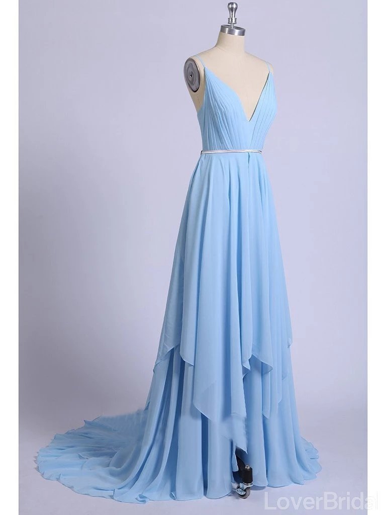 Side Slit V-Neck Blue Chiffon Cheap Wedding Dresses Online, Cheap Unique Bridal Dresses, WD609