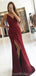 Simple Dark Red V-neck Side Slit Long Evening Prom Dresses, Cheap Custom Sweet 16 Dresses, 18546