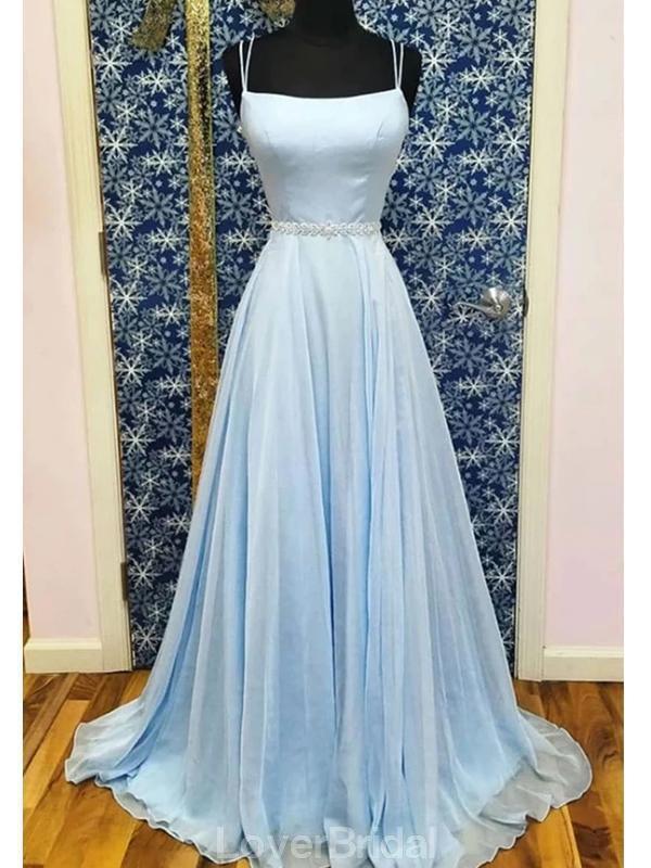 Simple Light Blue Chiffon A-line Long Evening Prom Dresses, Evening Party Prom Dresses, 12187