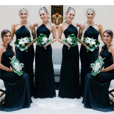 Simple Mermaid Black Halter Cheap Long Bridesmaid Dresses Online,WG978