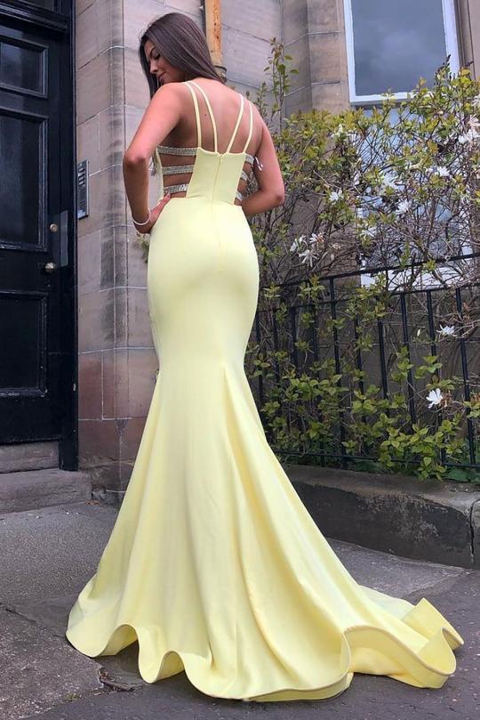 Simple Mermaid Yellow Spaghetti Straps Cheap Long Prom Dresses Online,12498