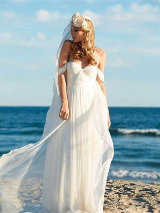 Simple Off Shoulder Beach Wedding Dresses Online, Cheap Chiffon Bridal Dresses, WD437