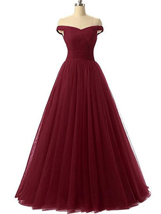 Simple Off Shoulder Red Tulle A-line Long Evening Prom Dresses, 17670