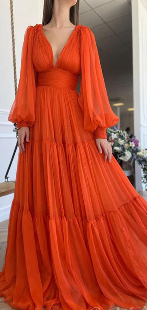 Simple Orange A-line V-neck Long Sleeves Maxi Long Prom Dresses,13046