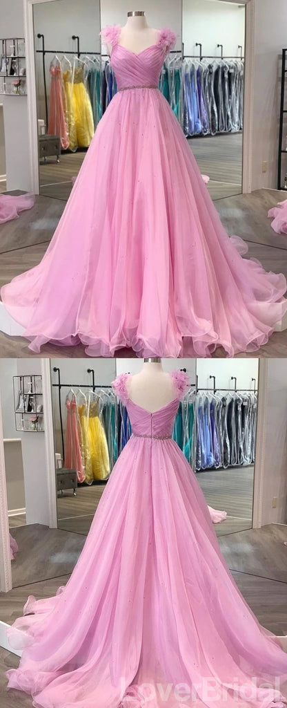 Simple Pink A-line V-neck Cheap Long Prom Dresses Online,12627