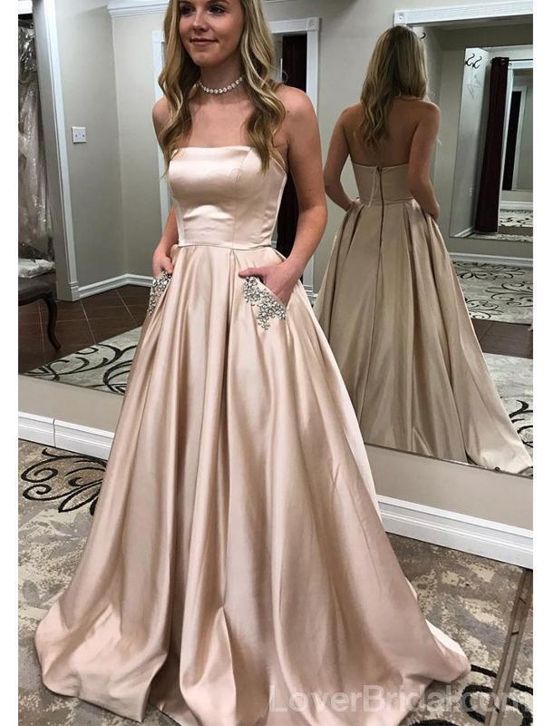 Simple Strapless Long Evening Prom Dresses With Pockets, Cheap Custom Party Prom Dresses, 18602