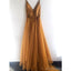 Simple V Neck Gold A-line Long Evening Prom Dresses, Cheap Custom Sweet 16 Dresses, 18565