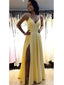 Simple V Neck Side Slit Yellow Long Evening Prom Dresses, Evening Party Prom Dresses, 12141