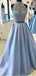 Sky Blue A-line Halter Two Pieces Cheap Long Prom Dresses Online,12430