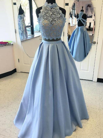 Sky Blue A-line Halter Two Pieces Cheap Long Prom Dresses Online,12430