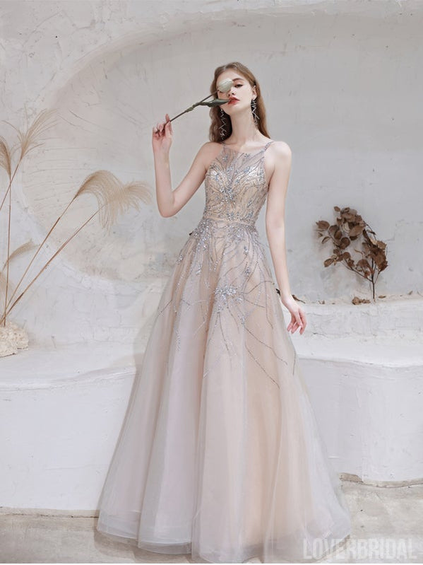 Spaghetti Straps A-line Off Shoulder V-neck Long Prom Dresses Online,12571