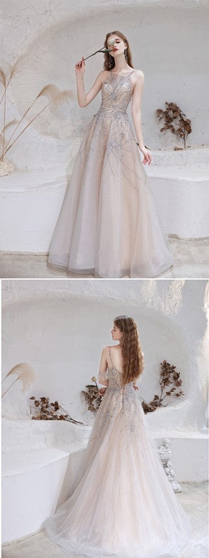 Spaghetti Straps A-line Off Shoulder V-neck Long Prom Dresses Online,12571