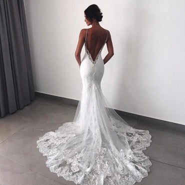 Spaghetti Straps Backless V-neck Long Mermaid Wedding Dresses,WD726