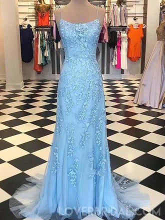 Spaghetti Straps Blue Lace Mermaid Long Evening Prom Dresses, Cheap Custom Sweet 16 Dresses, 18460