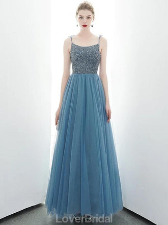 Spaghetti Straps Dusty Blue Cheap Evening Prom Dresses, Evening Party Prom Dresses, 12176