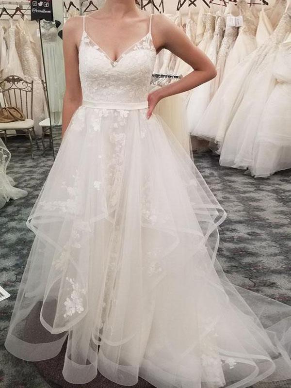 Spaghetti Straps Lace A line Cheap Wedding Dresses Online, Cheap Lace Bridal Dresses, WD459