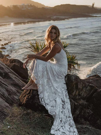 Spaghetti Straps Long Mermaid Backless Lace Wedding Dresses,WD735