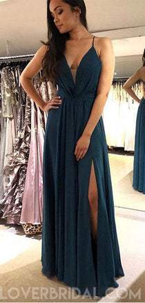 Spaghetti Straps Sexy Teal Side Slit Long Evening Prom Dresses, Cheap Sweet 16 Dresses, 18435