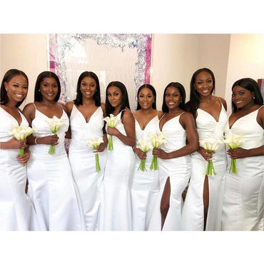 Spaghetti Straps White Side Slit Mermaid Long Cheap Bridesmaid Dresses Online, WG651