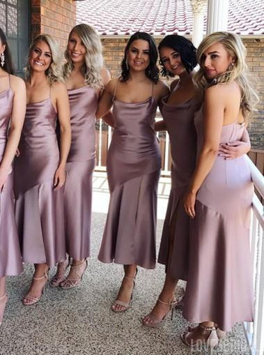 Spahgetti Straps Dusty Purple Tea Length Cheap Custom Bridesmaid Dresses Online, WG270