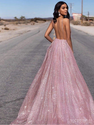 Sparkly A-line Deep V-neck Backless Long Prom Dresses Online,Dance Dresses,12599