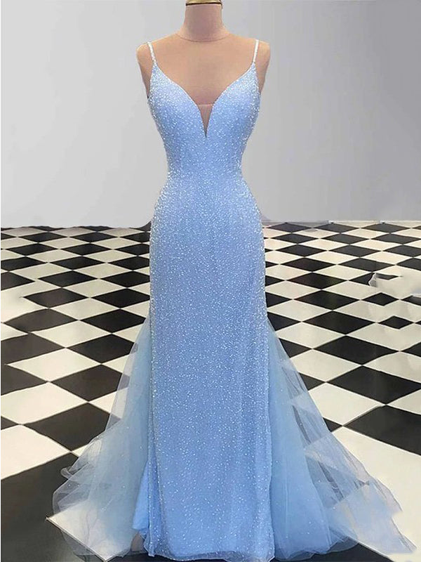 Sparkly Blue Mermaid Spaghetti Straps V-neck Cheap Long Prom Dresses,12695