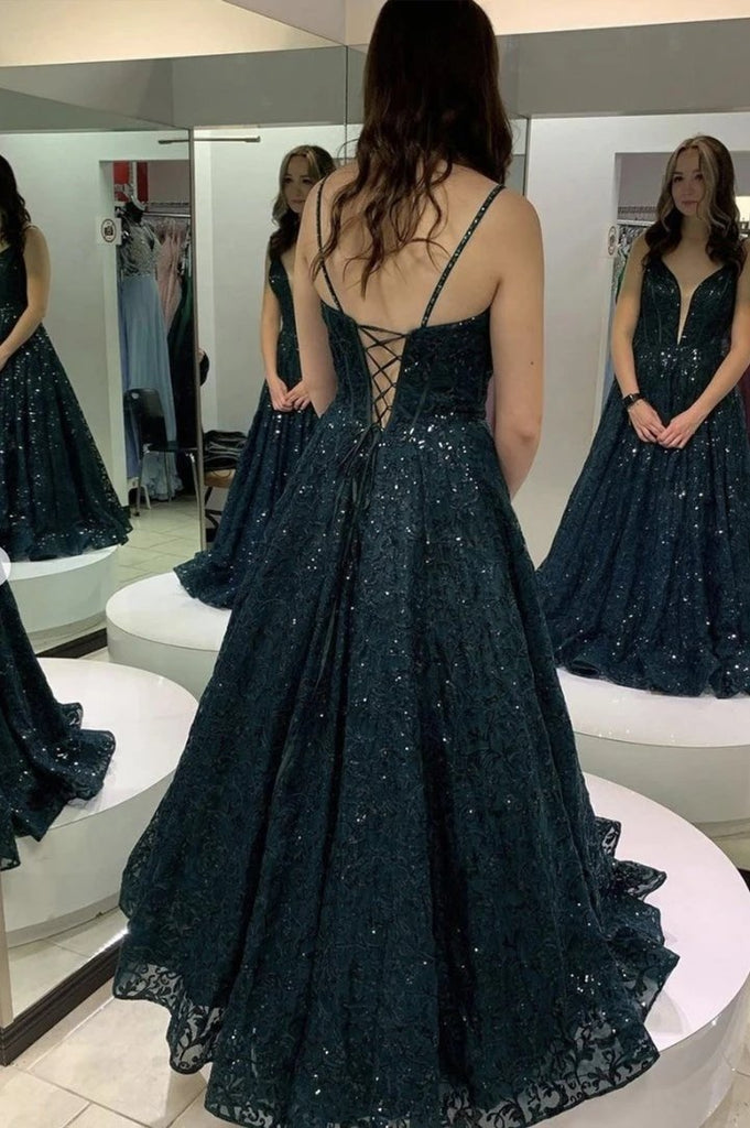 Sparkly Dusty Blue A-line V-neck Long Prom Dresses Online,Evening Party Dresses,12559