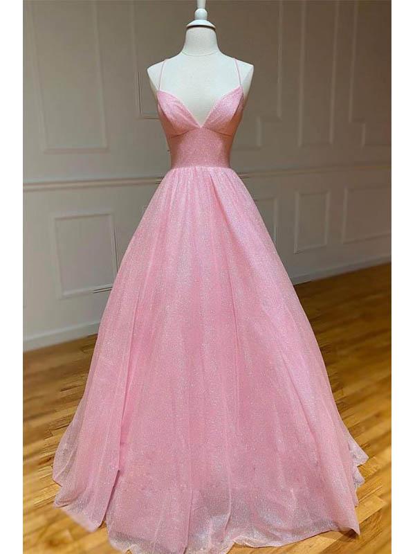 Sparkly Pink A-line Spaghetti Straps V-neck Backless Long Prom Dresses Online,12537