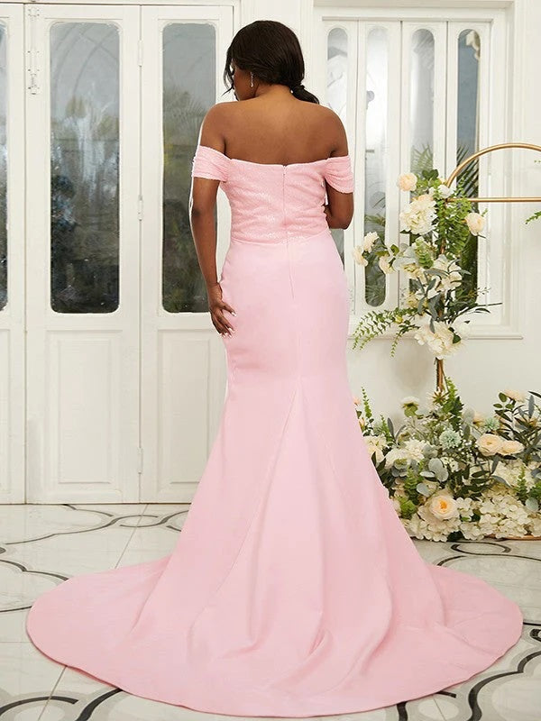 Sparkly Pink Mermaid Off Shoulder Cheap Long Bridesmaid Dresses,WG1408