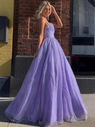 Sparkly Purple A-line Spaghetti Straps Cheap Long Prom Dresses Online,12501