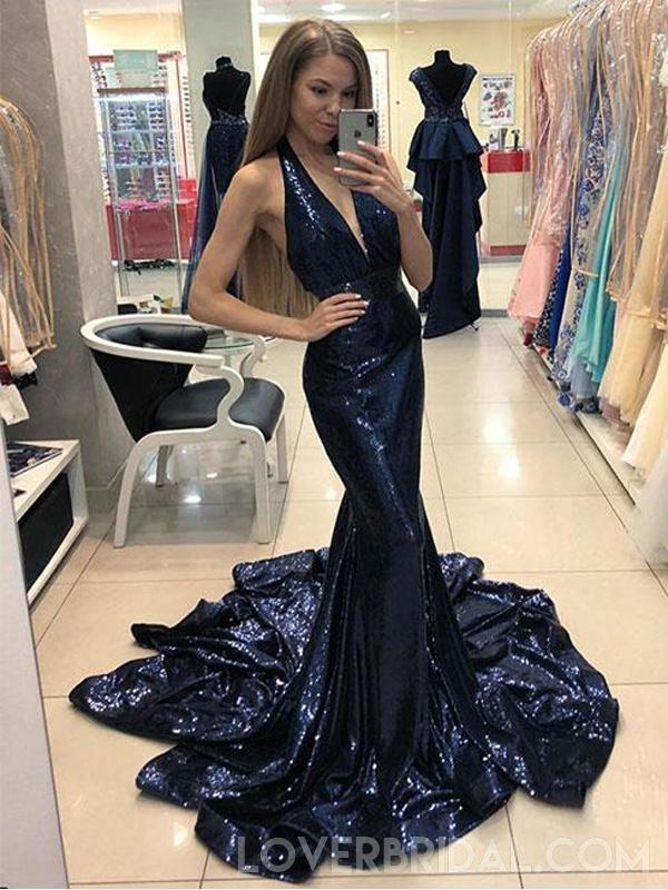 Sparkly Sequin Mermaid Navy Halter Long Evening Prom Dresses, Cheap Sweet 16 Dresses, 18439