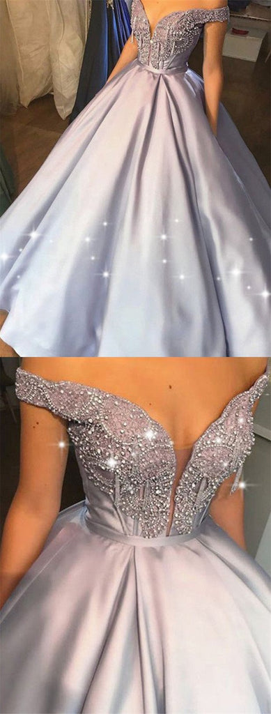 Sparkly Silver A-line Off Shoulder V-neck Long Prom Dresses Online,Dance Dresses,12429