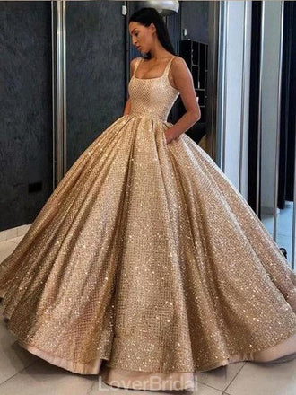 Square Neck Sequin Tulle Ball Gown Gold Evening Prom Dresses, Evening Party Prom Dresses, 12158