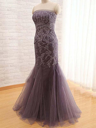 Strapless Grey Lace Mermaid Long Evening Prom Dresses, 17662