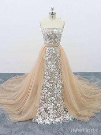 Strapless Champagne Lace Cheap Long Evening Prom Dresses, Evening Party Prom Dresses, 18625