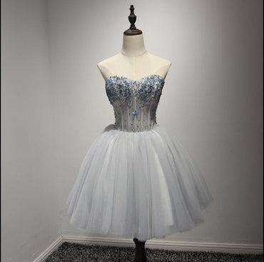 Strapless Grey Beaded See Through Homecoming Prom Dresses, Affordable Short Party Corset Back Prom Dresses, Perfect Homecoming Dresses, CM224