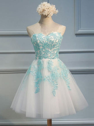 Strapless Sweetheart Tiffany Blue Lace Tulle Homecoming Prom Dresses, Affordable Short Party Prom Sweet 16 Dresses, Perfect Homecoming Cocktail Dresses, CM355