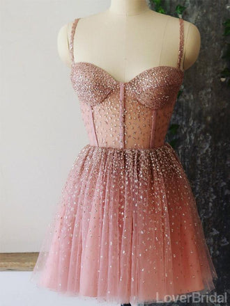 Straps Rhinestone See Through Dusty Pink Homecoming Dresses Online, Cheap Short Prom Dresses, CM819
