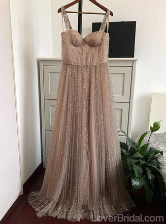 Straps Sparkly Gold A-line Long Evening Prom Dresses, Cheap Custom Sweet 16 Dresses, 18569